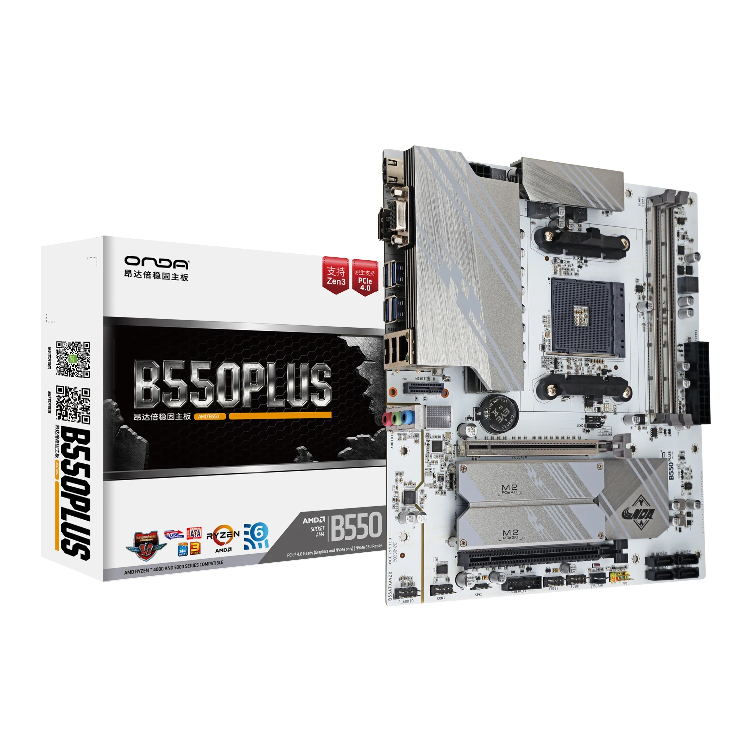 

ONDA B550 PLUS-W Φ AM4 для процессоров Ryzen 3/4/5 Gen DDR4 64 Гб PCI-E 4,0 16X SATA3.0 M.2 2,5 ГБ