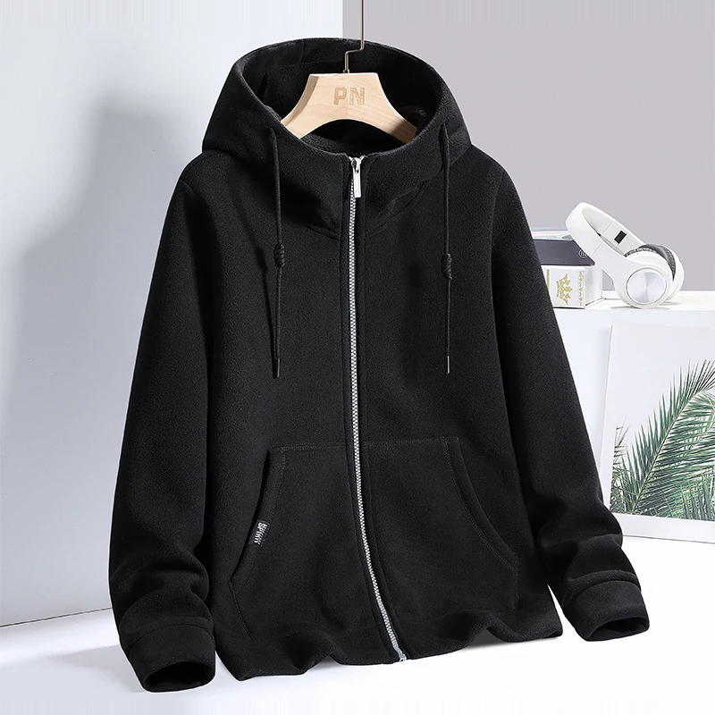 Hoodies Cardigan Sweatshirt Men\'s M-8XL Plus Size Autumn and Winter Polar Fleece Solid Color Black Gray Thick Warm Zipper Jacket