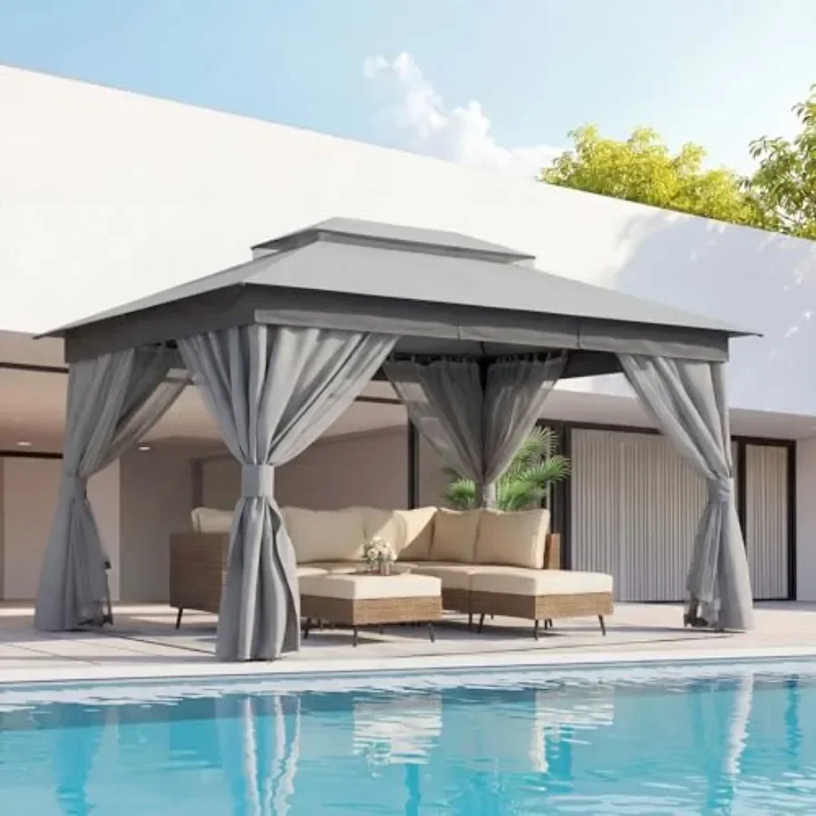 Gazebo 10x13ft Heavy Duty Patio Gazebo with Expansion Bolts Party  Tent with Double Roofs Mosquito Nettings and Privacy Sns for