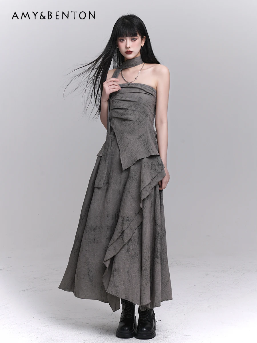 

Wasteland Wind 2025 Summer New Beautiful Strapless Top Suit Music Festival Gray Women's High Waist Loose Long Skirt