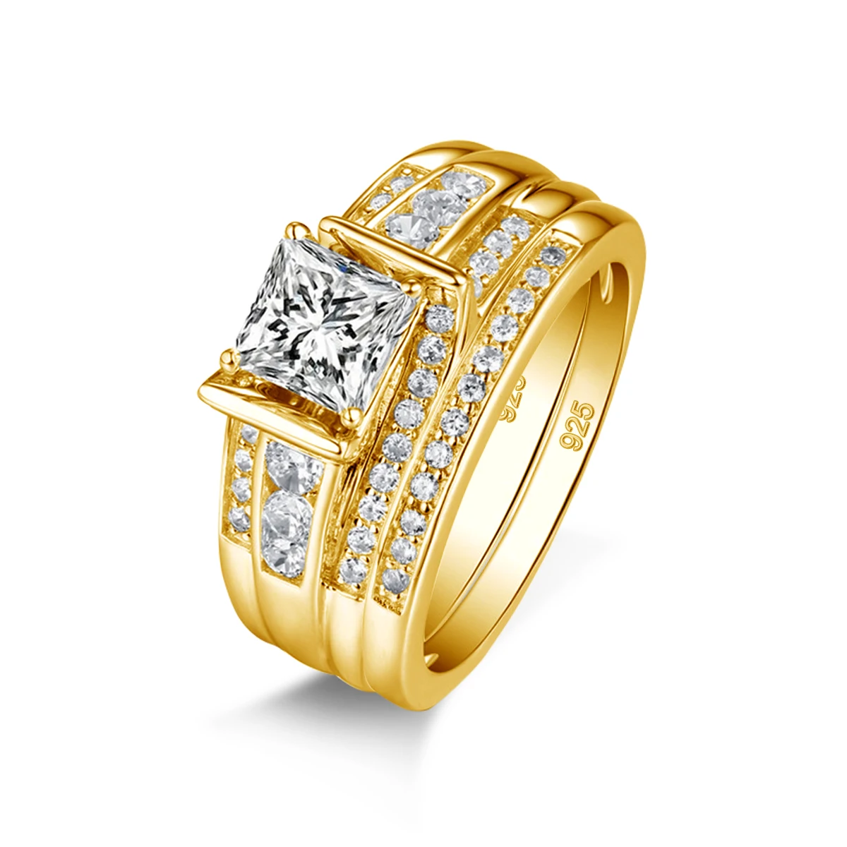 Szjinao Classic 2pcs Engagement Rings Sets For Women Yellow Gold Certified D VVS1 Princess Cut Moissanite Bridal Wedding Jewelry