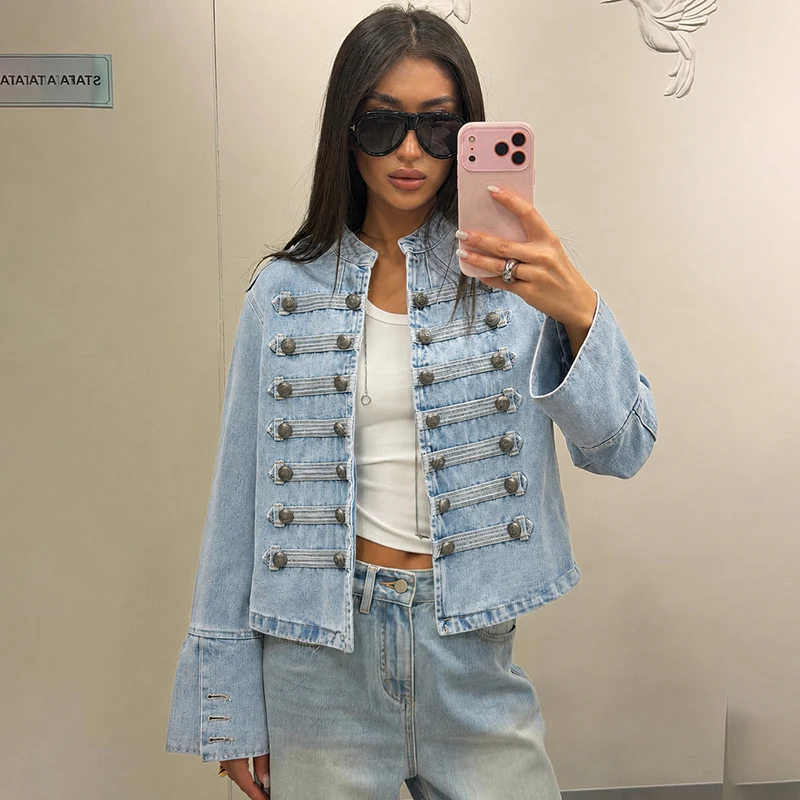 Original light blue jacket mirror outfit over a white top