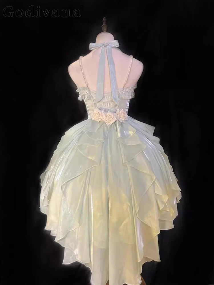 日本オリジナル ロリータ エレガント レディ グリーン JSK ホルタードレス プリンセス風 リボン付き スイート キュート パフドレス