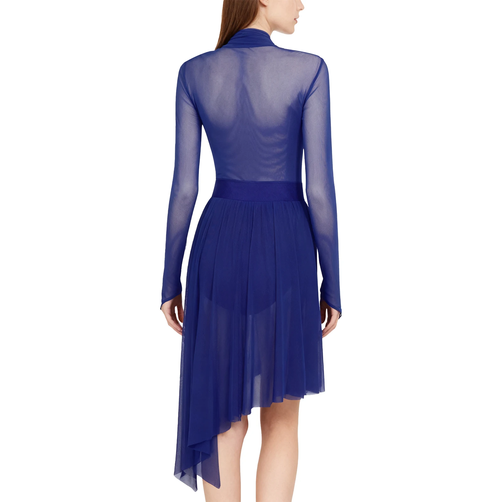 Vestido de baile lírico moderno para mujer y adulto, malla transparente, manga larga, diamantes de imitación brillantes, botones en la entrepierna incorporados, bragas, vestido con volantes