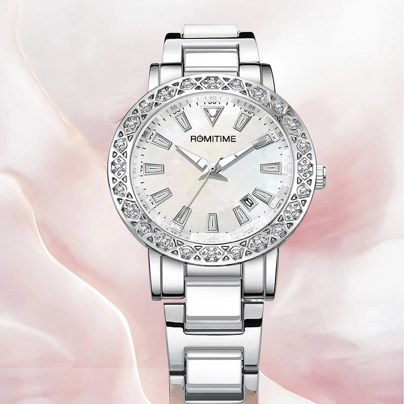 ROMITIME Luxury Women Quartz Watch Mother-of-Pearl Dial Calendar Diamond-set Bezel Leisure Luminous 30M Waterproof Lady Watches