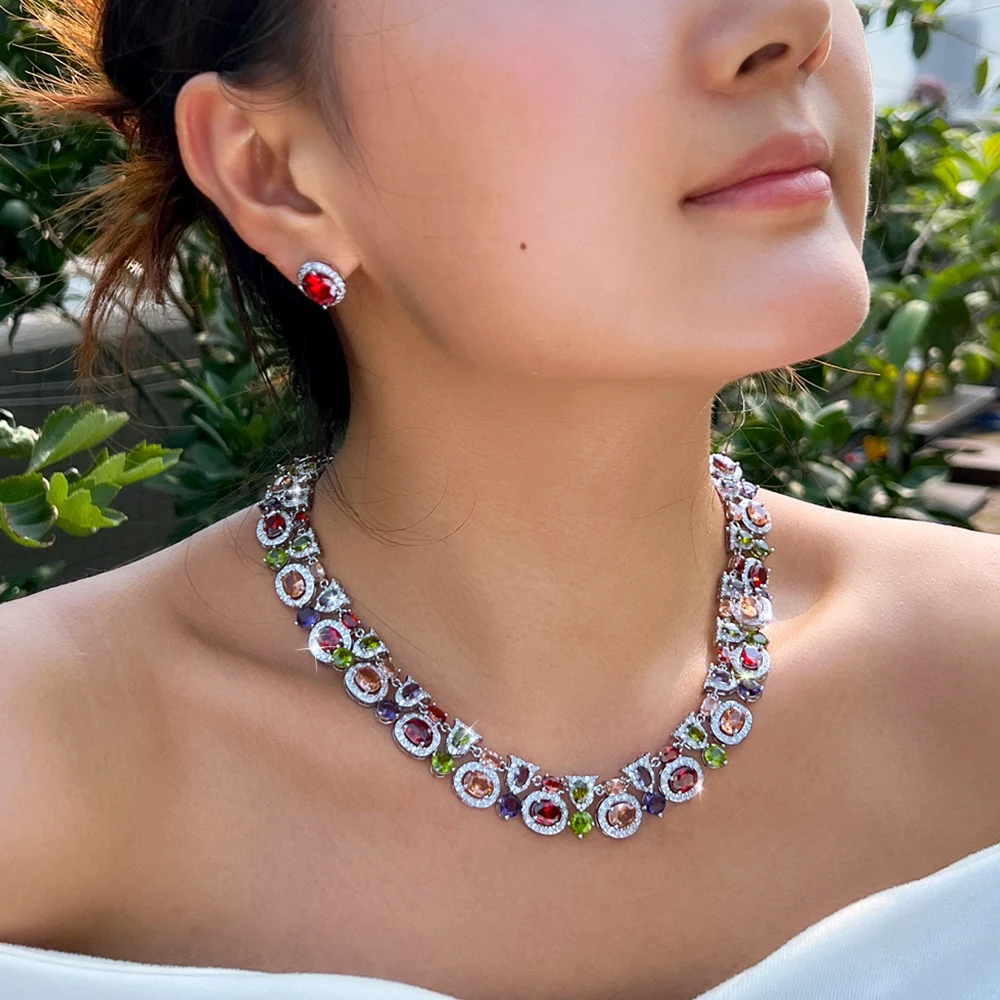 CWWZircons Luxuriöses Geometrisches Mehrfarbiges Zirkon-Ohrringe-Halsketten-Set für Frauen Boho Party Hochzeit Kostümschmuck Großhandel T0983 – Detail 5