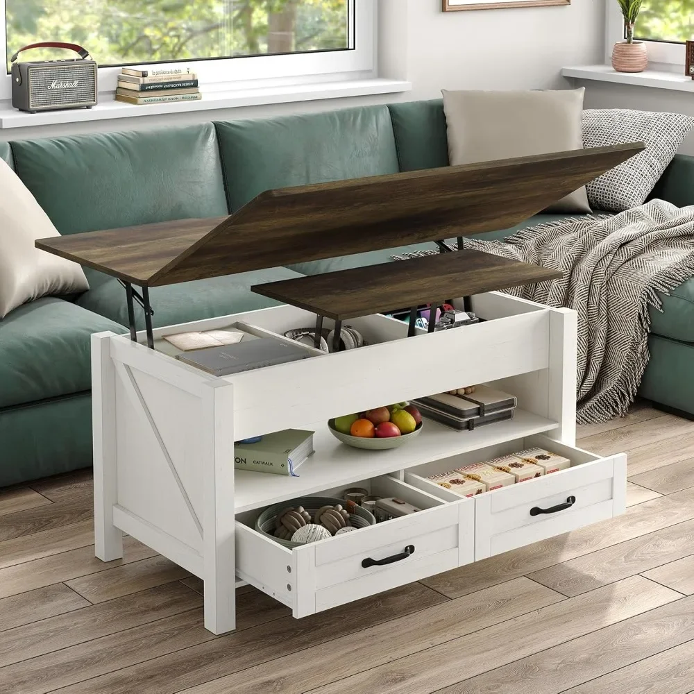 Mesa de café com 2 gavetas e prateleira de armazenamento aberto, Retro Multi-Function Lift Top Coffee Table, Converte para mesa de jantar