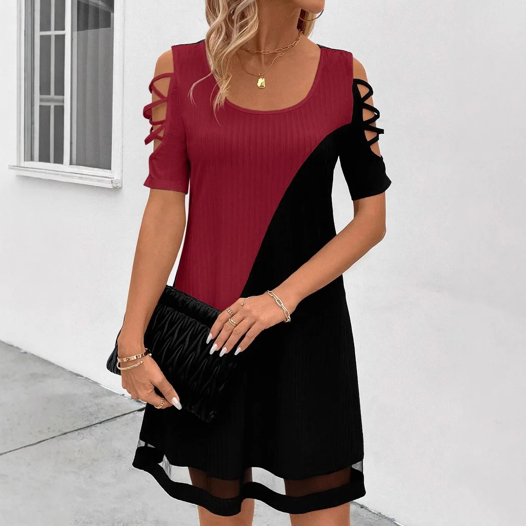 Fashion Mini Dress Summer New Item 2025 Round Neck Color Blocked Hollow Mesh Contrasting Splicing Short Sleeved Dress For Women