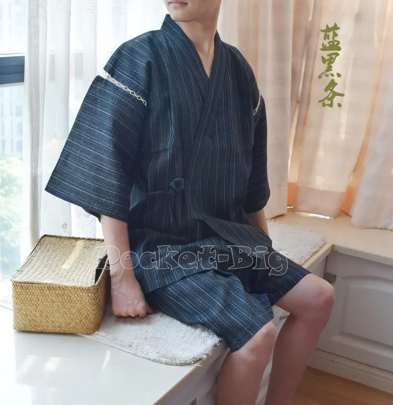 2Pcs/Set Men Jinbei Japanese Kimono Short Sleeve Sleepwear Cotton Pajama Breathable and Thin Loungewear Japanese Cosplay