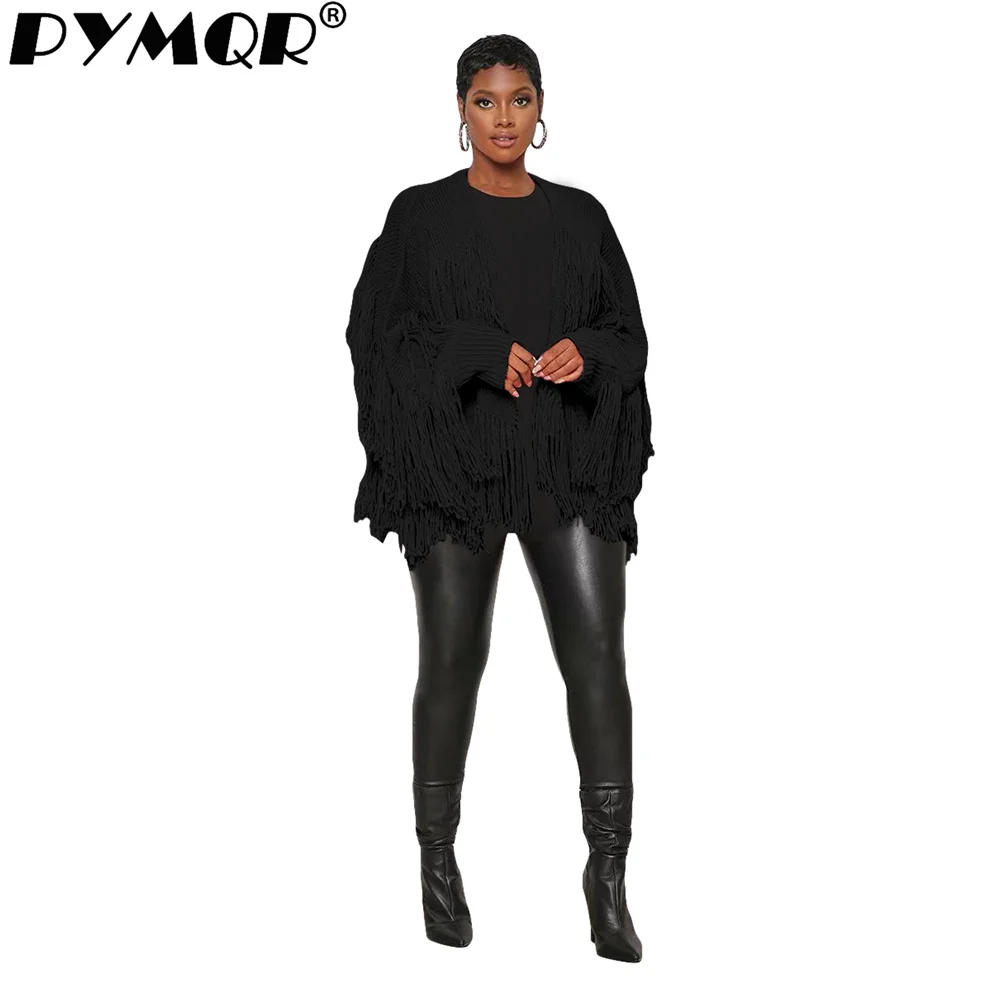 PYMQR New Solid Color Woolen Tassel Y2K Print Women Stretchy Cardican Top Coat 2023 Winter Streetwear Y2K Hip Hop Female Cloth