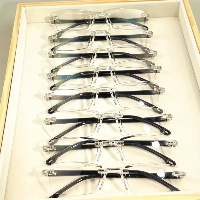 14-Pack Vintage Style Rimless Reading Glasses - Rectangular Frame, Blue Light Blocking, Anti-Fatigue, Unisex, Lightweight PC