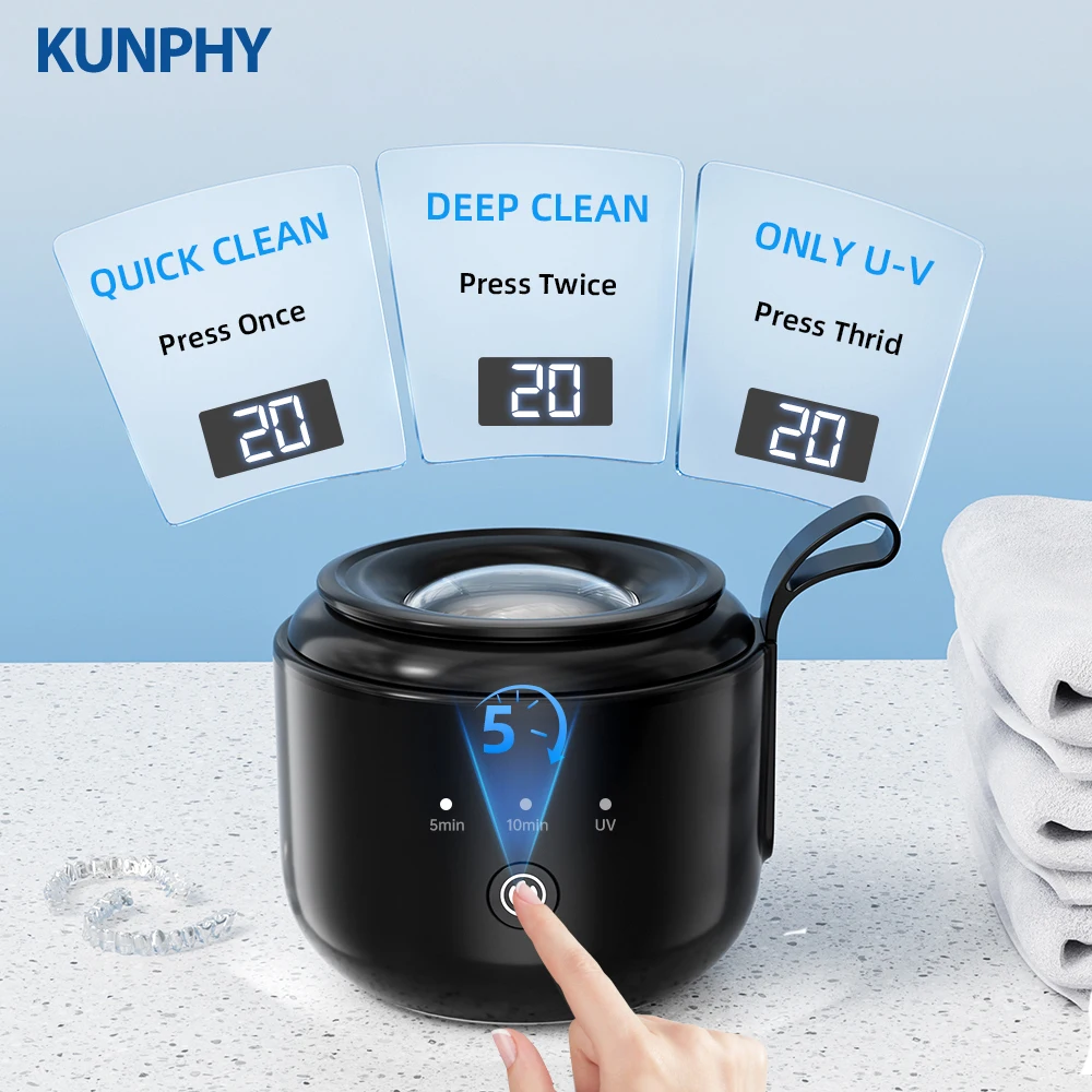 

KUNPHY UV Dental Pod 200ML Ultrasonic Retainer Cleaner Machine with Battery USB Aligner Nightguard Mouth Guard Denture Cleaner