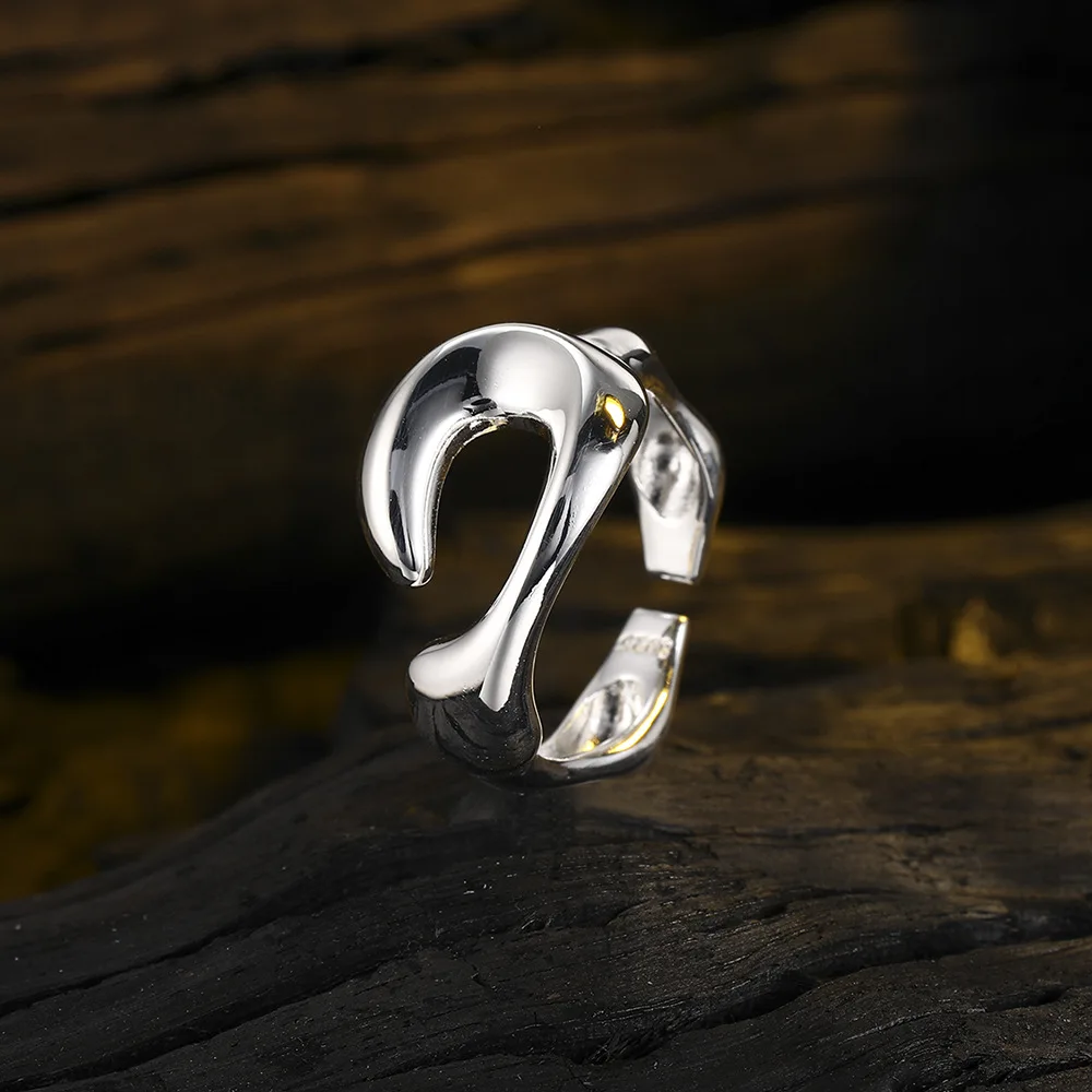 

925 Sterling Silver Irregular Geometric Liquid Metallic Ring Birthday Anniversary Party Gift Unisex