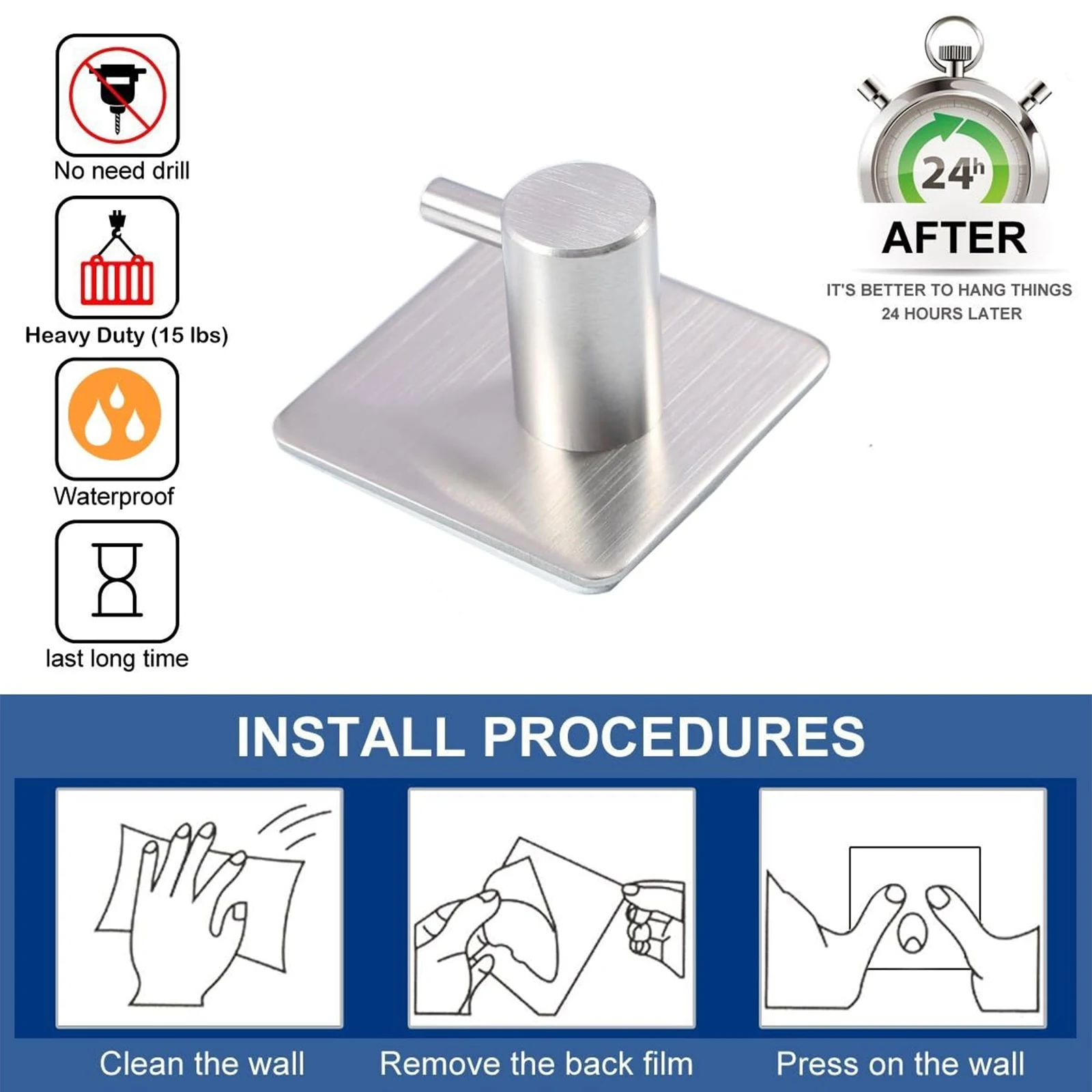 4Pcs Adhesive Heavy Duty Wall Hook Waterproof Stainless Steel, Mounting - Bathroom and Bedroom image 3