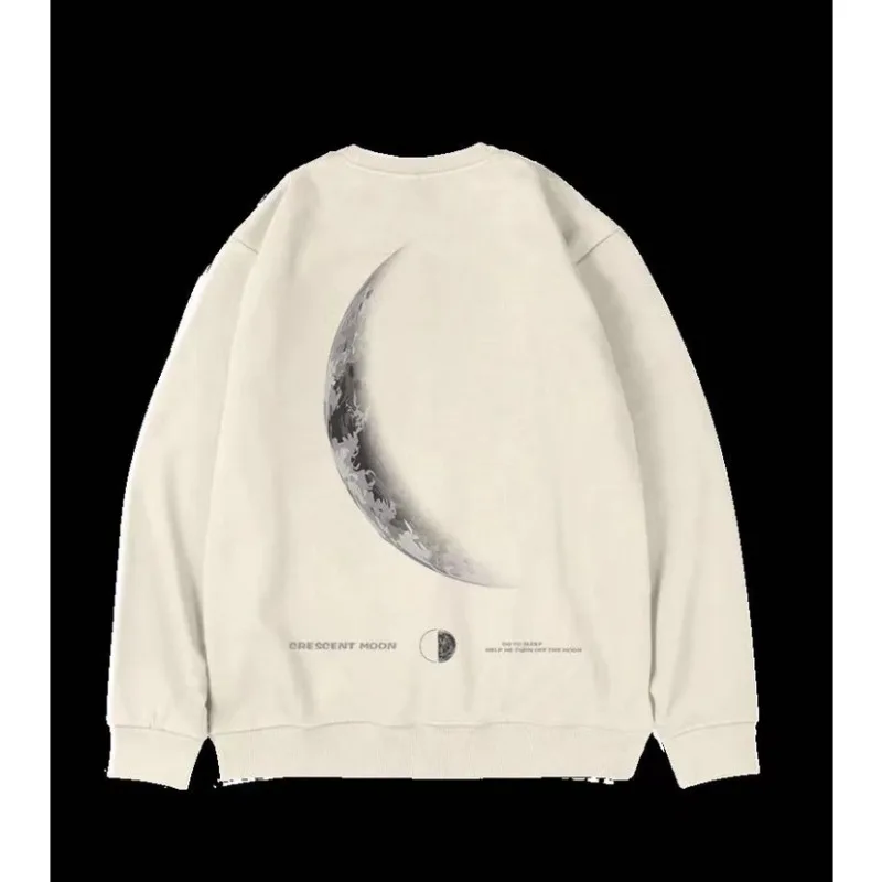 M-8XL Men\'s Street Sickle Moon Print Oversized Student Leisure Unisex Sweatshirt American Retro Youth Round Neck Sweater