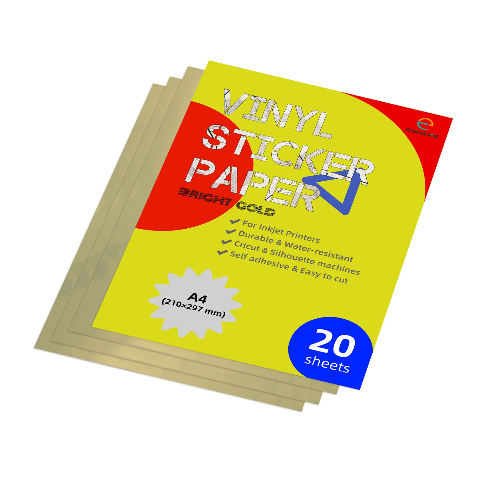 Bright Gold Vinyl Sticker Paper Waterproof Metallic Printable Sheets for Inkjet/Laser Printers 8.3x11.7 Inch