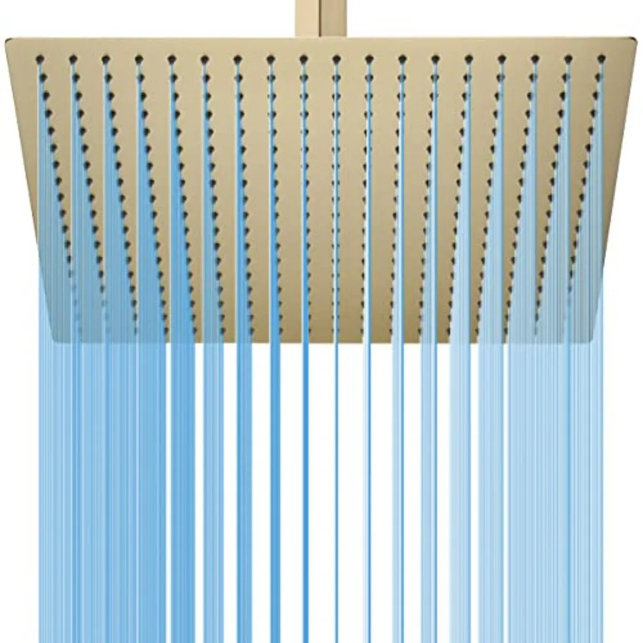 

16-дюймовая квадратная душевая лейка с креплением на клейкой основе, очень большая, из нержавеющей стали, ультратонкая, с эффектом водопада, в цвете матовое золото, для современного интерьера