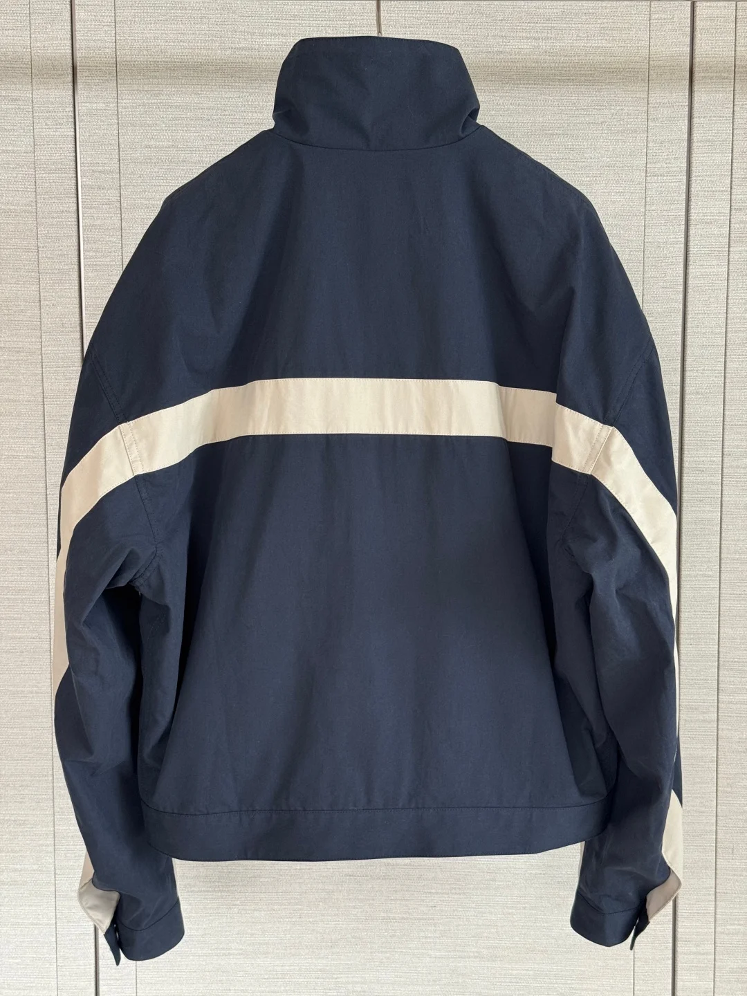 Vintage Color Block Zip-Up Jacket Unisex Navy & Cream Stand Collar Cotton Canvas Retro Sporty Bomber Early Fall