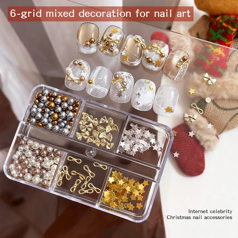 6 Grid Mini Weihnachten Nail Art Kit mit 3D Stern Schleife Kugel Perlen Nagel Dekorationen Zubehör für DIY Maniküre Weihnachten liefert