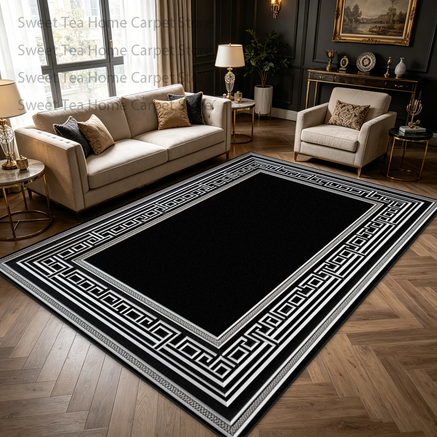 Chinese Classical Geometric Parlor Washable Carpet Black White Non-slip Soft Decoration Bedroom Mat Large Area Dining Room Mat