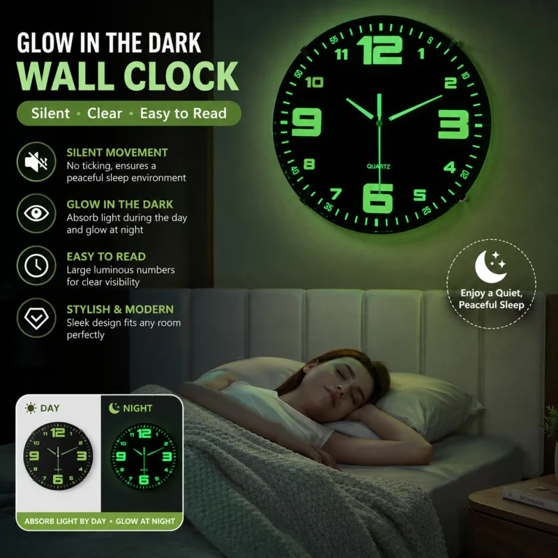 Luminous Silent Wall Clock Round Non Ticking Glow In The Dark Large Numerals Quartz Clock Bedroom Living Room Home Decor Gift