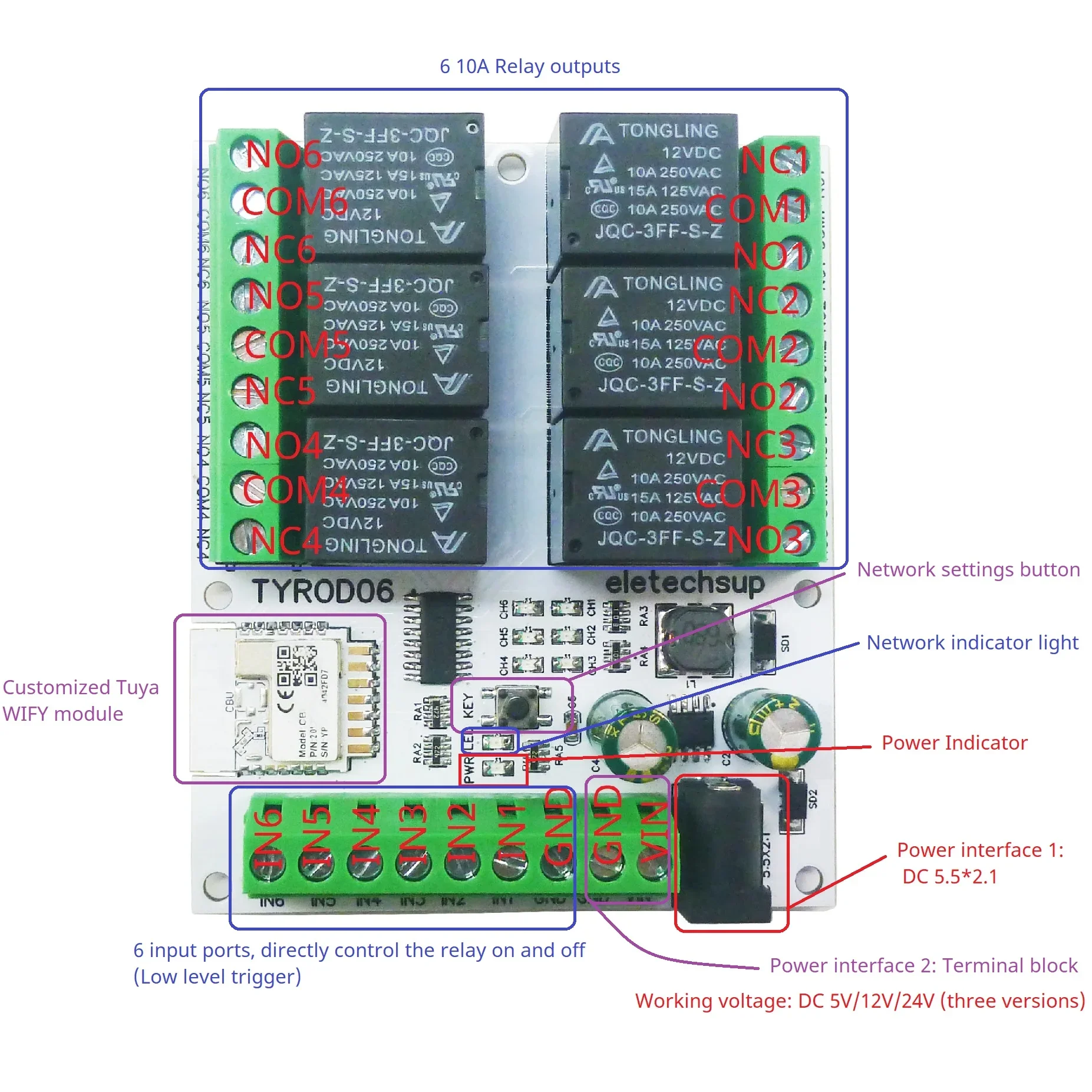 Wifiスマートリレーモジュール,乾式接点出力,tyrod06,6ch,DI-DO,dc 5v,12v,24v,2.4g,RFリモコン,iotスイッチ,npn