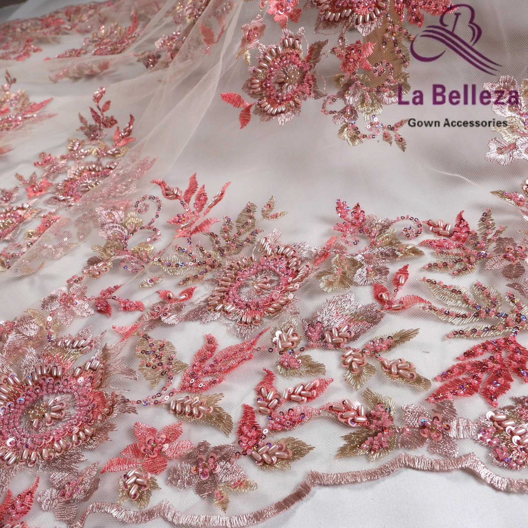 Brown pink mixed gold beaded sequin machine embroidered fabric for dress show clothing tailoring