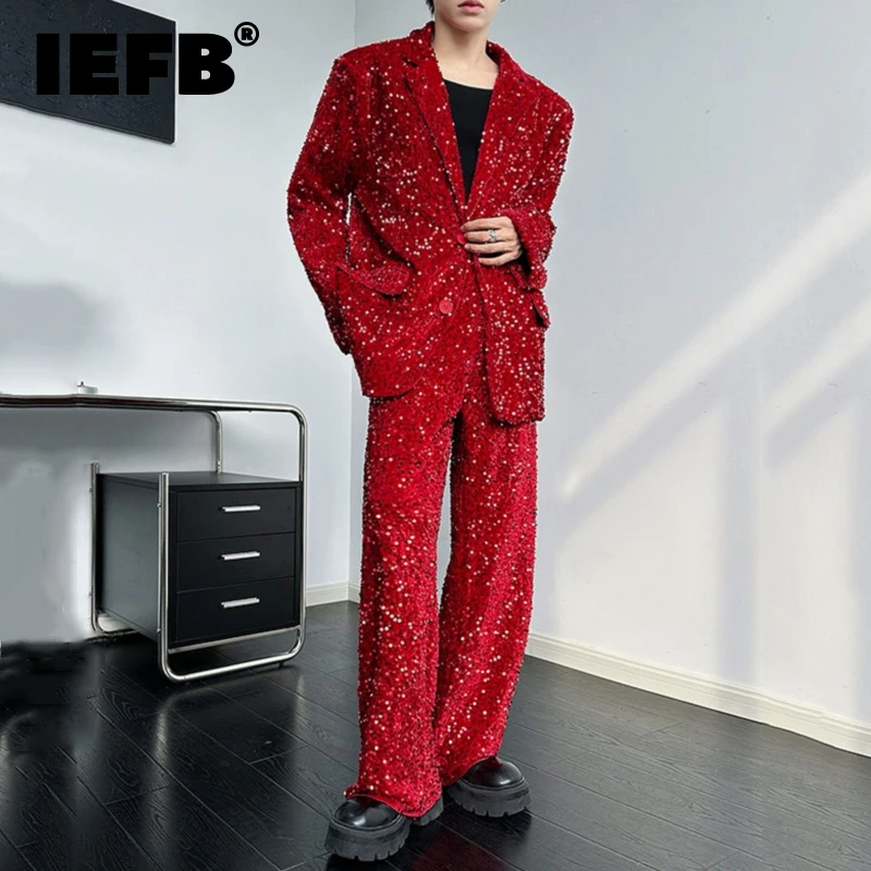 IEFB Niche Desige Men\'s Two-piece Sequins Single Breasted Blazer Straight Loose Wide Leg Pants Loose Male Fashion Menwear 9C7731