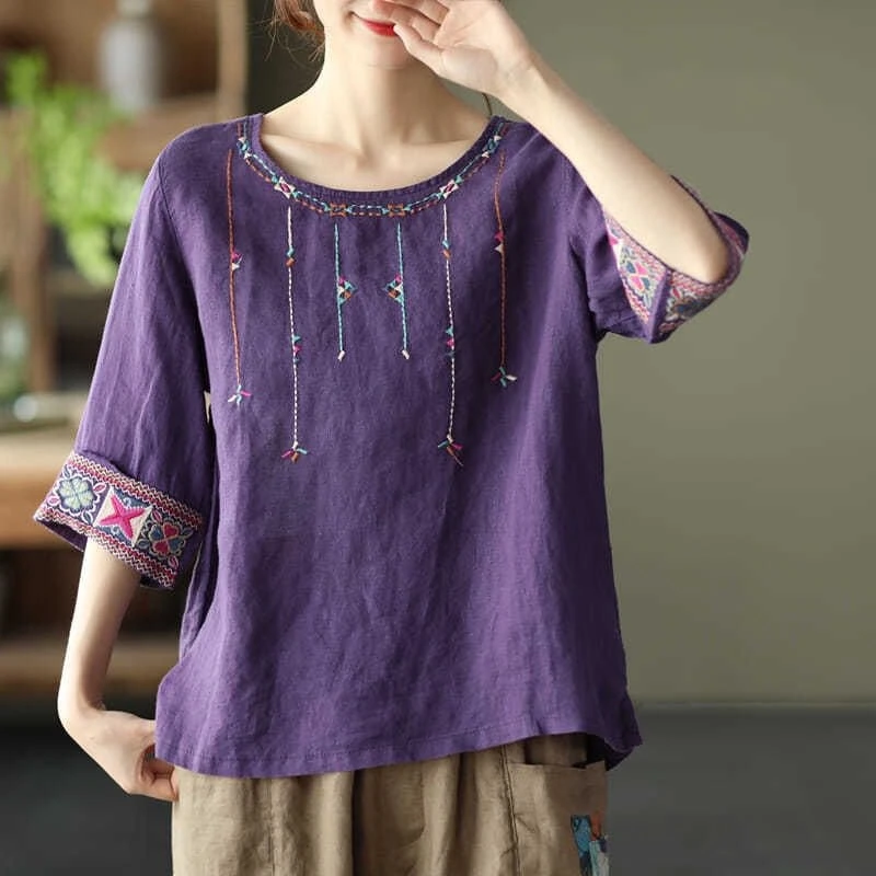 2024 New Summer Retro Ethnic Style Fashion Casual Versatile Loose Round Neck Half Sleeve Printed Embroidered Women\'s T-shirt Top