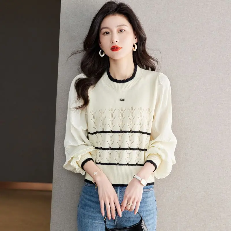 Spring Autumn Elegant Fashion Long Sleeve Knit Pullovers Women Clothing French Style Vintage All-match Loose Sweaters Chic Tops