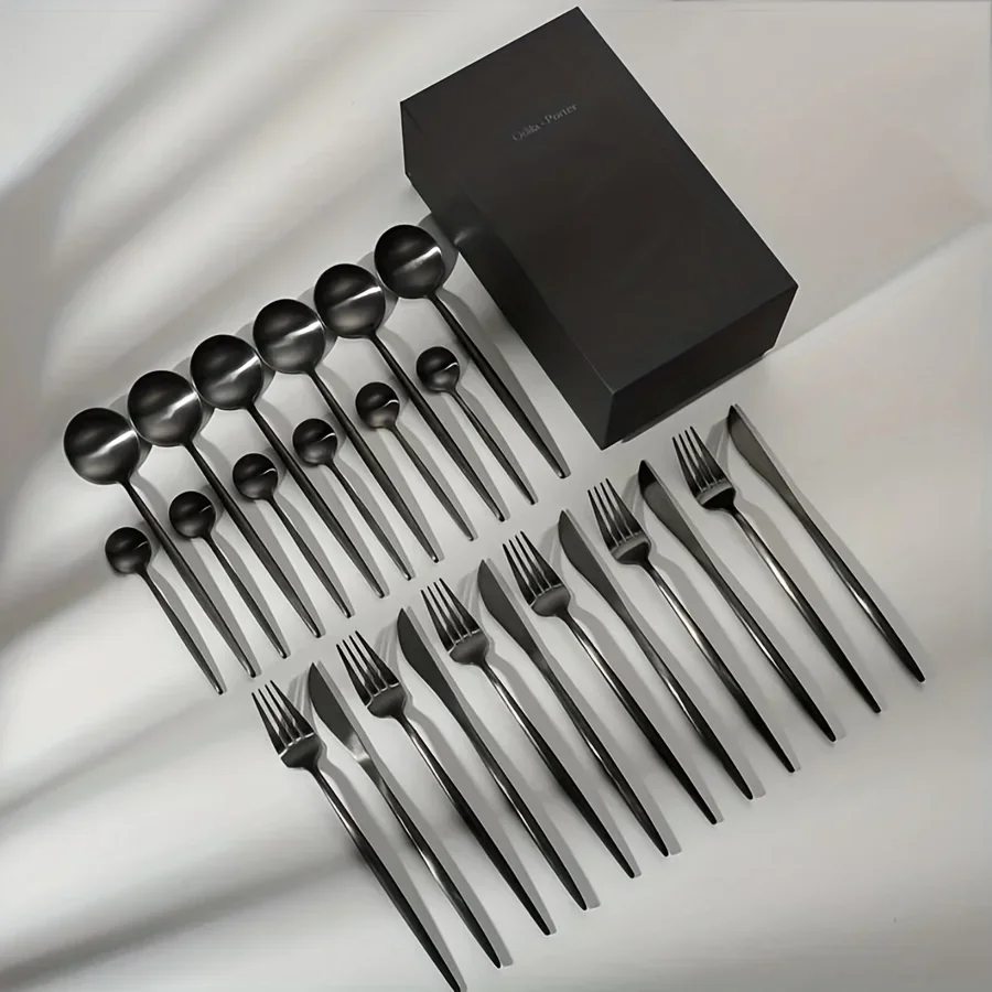 24-Piece Silverware Set for 6, Stainless Steel Flatware Set Matte Black , Modern Brushed Thick Cutlery Set with Spoons Forks