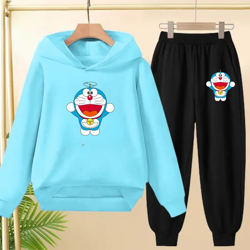 

Children's hoodie sets, Doraemon printed sportswear sets, hooded sweatshirts, tops and trousers for boys and girls aged 3 to 12