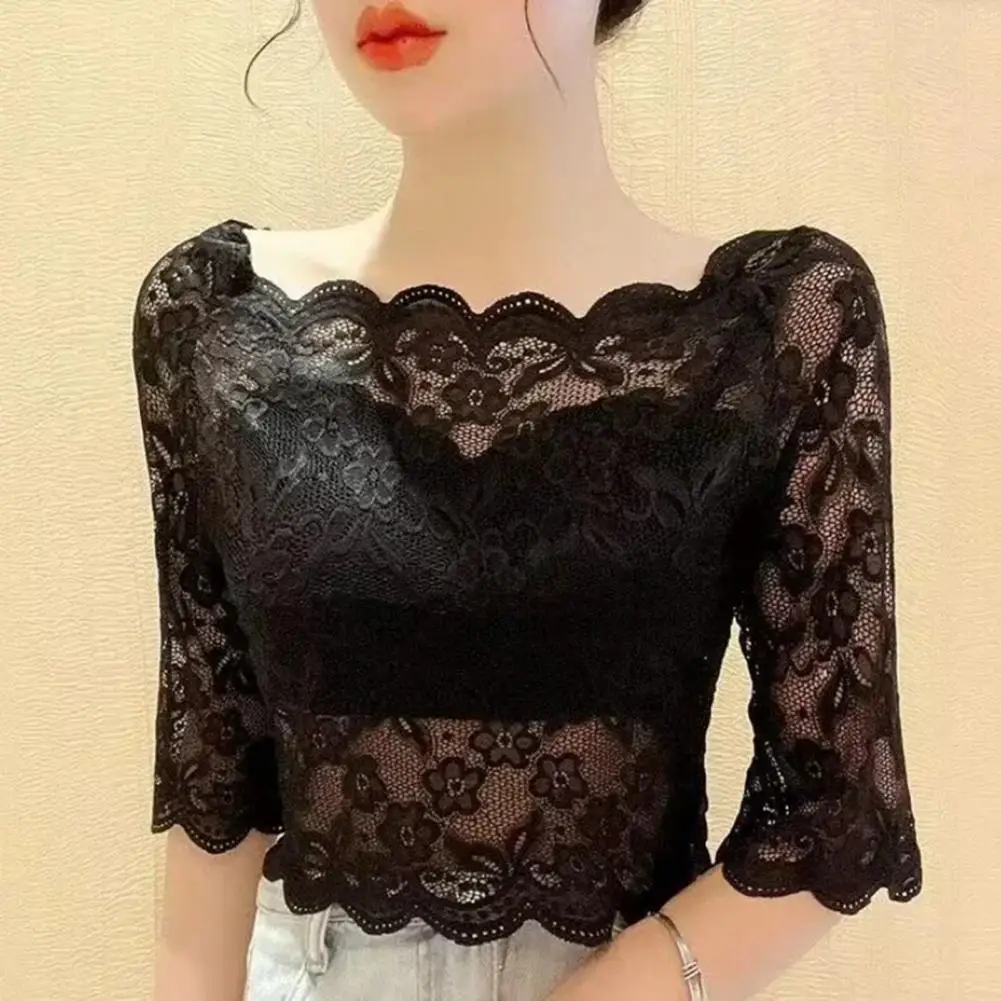 Chemisier à manches longues pour femme, haut court, broderie transparente, dentelle florale, noir, blanc, été