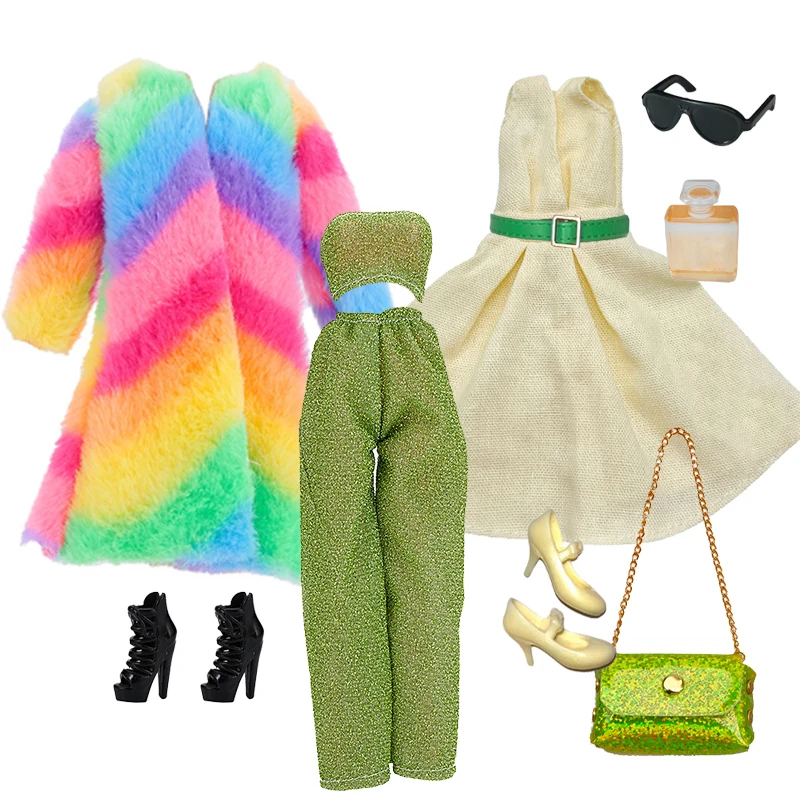 

1/6 Doll Fashion Clothes set Rainbow Fur Coat with Spring Color Dress and bags Outfits set for 27-30 Doll Clothing Accessories
