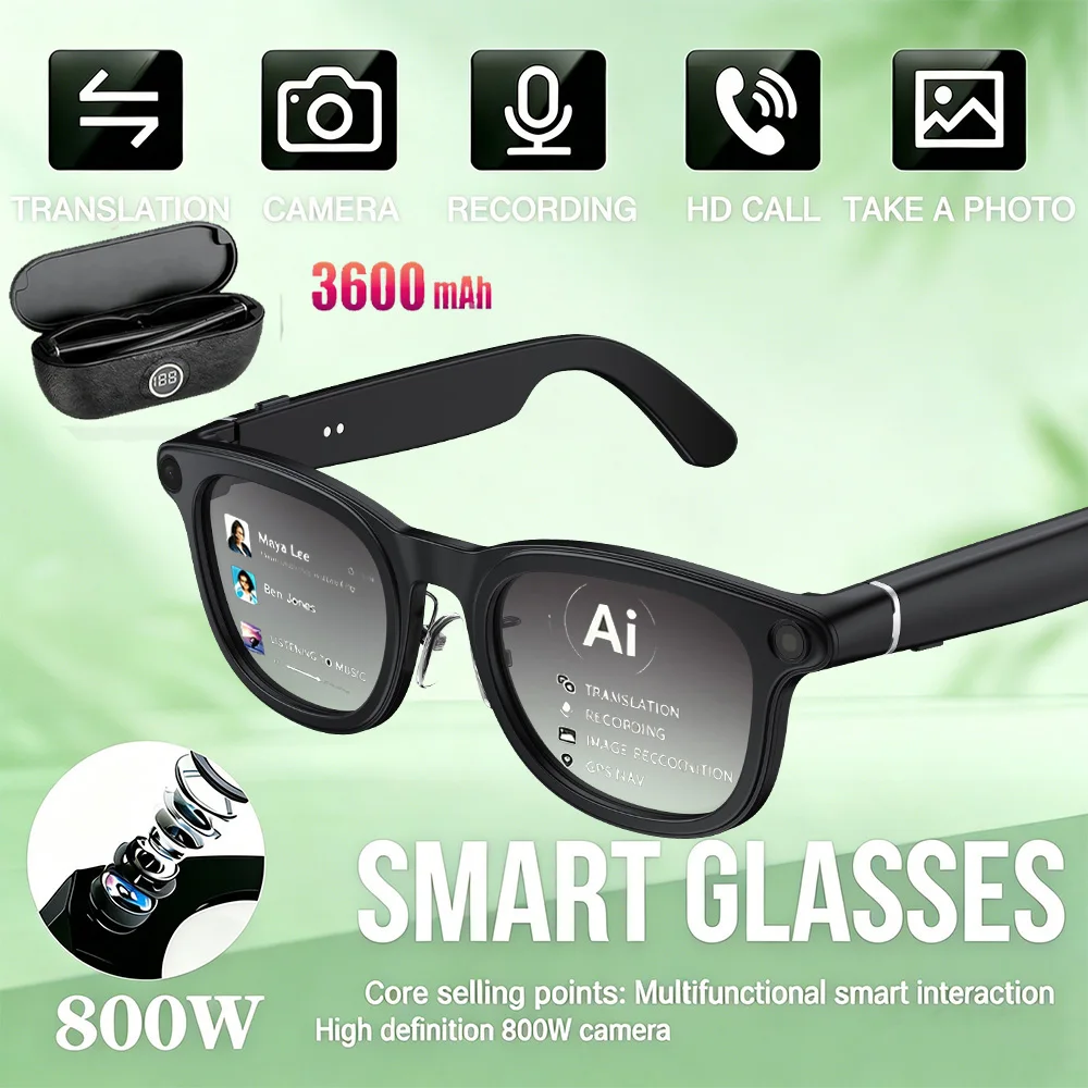 

New 800W 4K HD Camera Smart Glasses Shooting Real-time Translation Sunglasses 32GB Memory 3D Sound with 3600mAh Charging Case