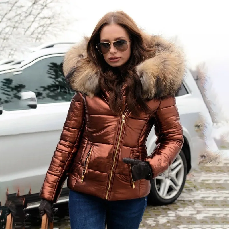2025 Winter New Women's Short Puffer Jacket with Faux Fur Hood, Slim Fit Casual Solid Color Outerwear