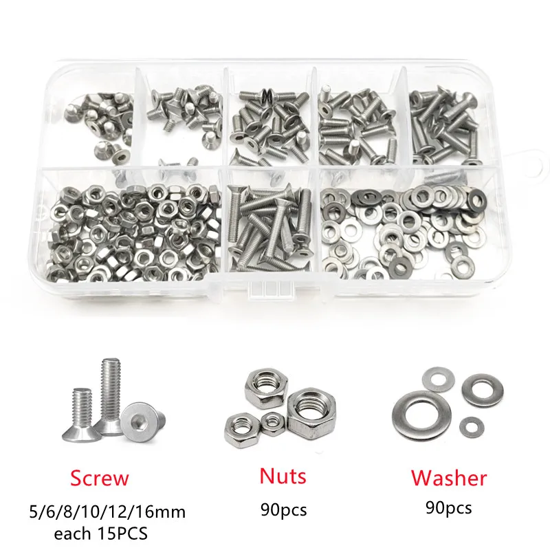 270Pcs Hexagon Hex Socket Machine Screw Set M2 M2.5 M3 304 Stainless Steel Flat Button Cap Head & Nuts & Washer Assortment Kit