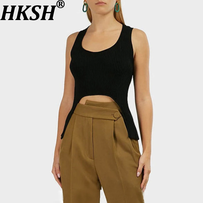 

HKSH Women Chic Sexy Vest Solid Color Irregular Hem Detachable Two-Piece Fashion Casual Tide Knitted Tank Top New Summer HK19488