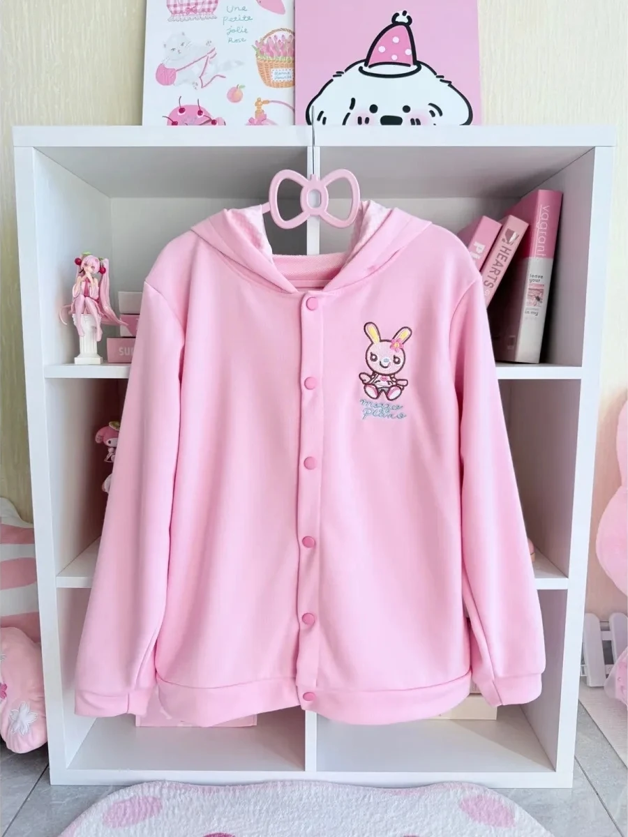 

Cute Rabbit Embroidery Pink Hooded Open Cardigan Sweatirt Women's Sweet College Sle Cotton Long Sve Casual Outerwear