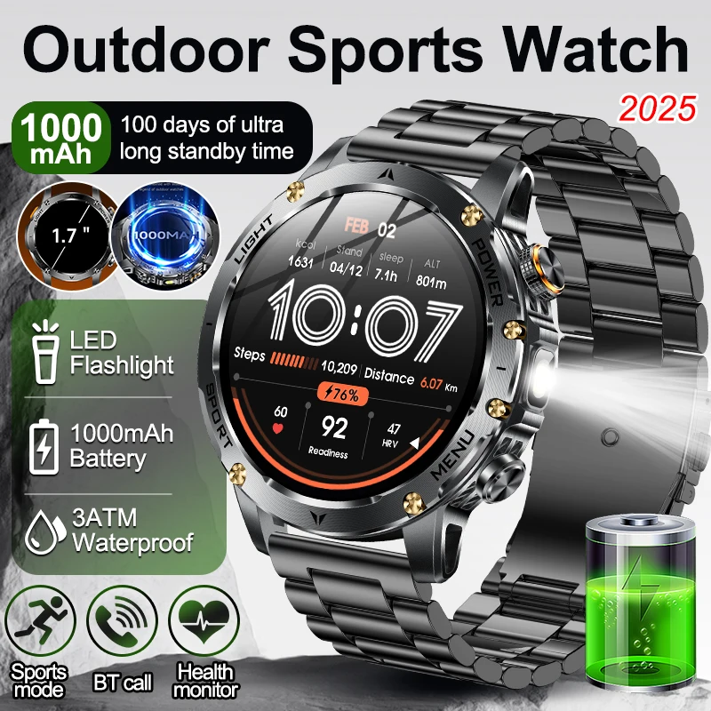

Outdoor 1.7-inch Large Screen Smart Watch Men 1000mAh Battery Flashlight Heart Rate Waterproof Bluetooth Call Sports Smartwatch