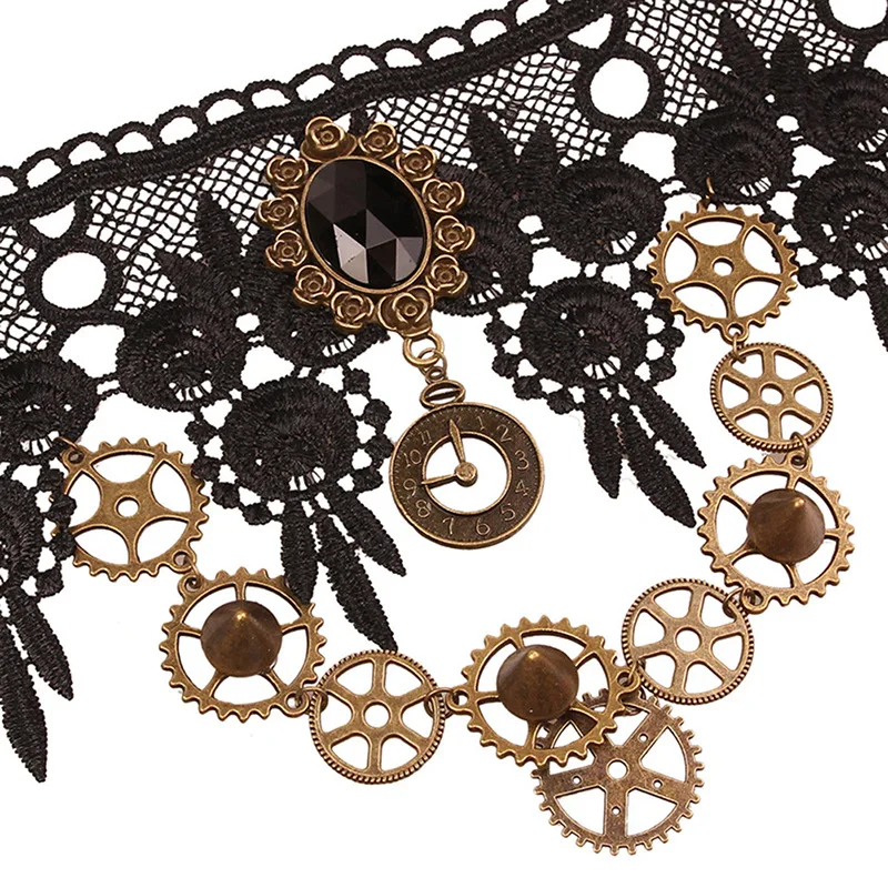 1PC Retro Fashion Steam Engine Gear Lace Necklace Exaggerated Headpiece Black Brown Antique Distressed