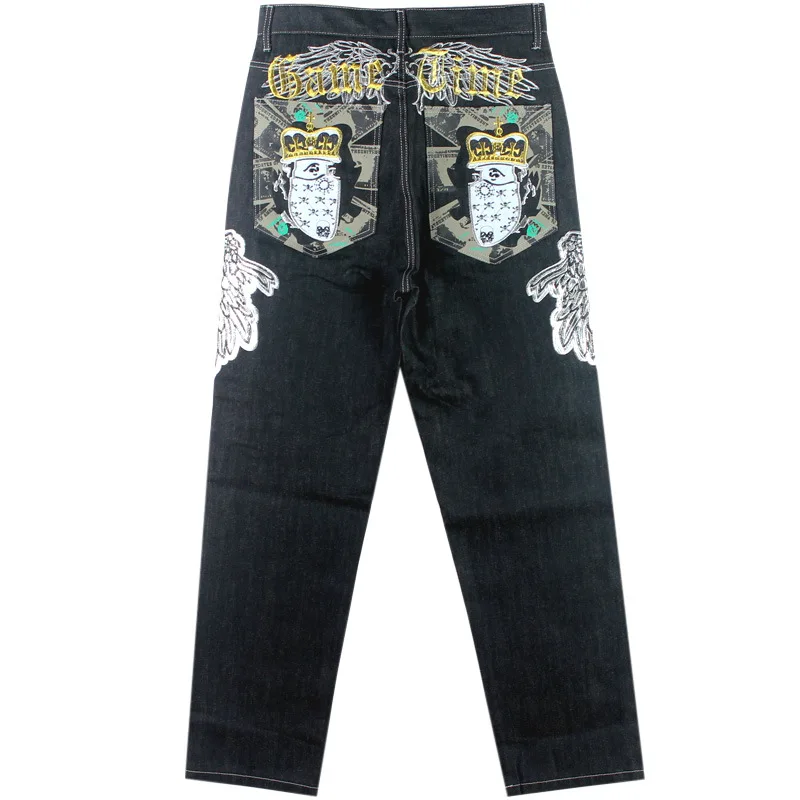 Men\'s hip hop jeans Plus size loose streetwear baggy denim pants Fashion letters hawk wings skull crown long trousers