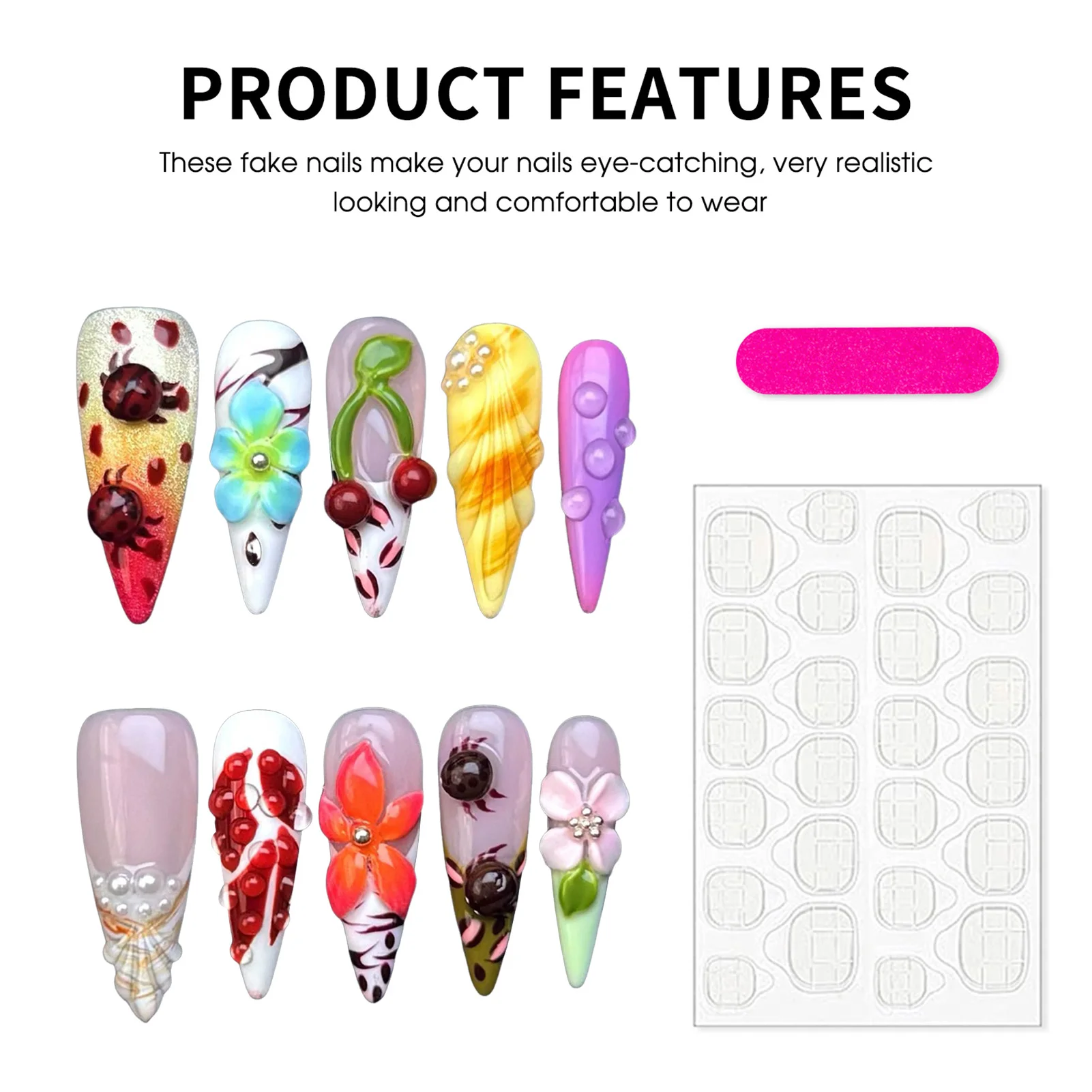 เล็บปลอมแบบกดติดลายดอกไม้ 3 มิติ สีสันสดใส ทำมือ แต่งลายเลอะเลือน ทรงยาวปลายแหลมแบบฝรั่งเศส สำหรับฤดูร้อน สไตล์สาวหวานซี้ๆ จำนวน 10 ชิ้น