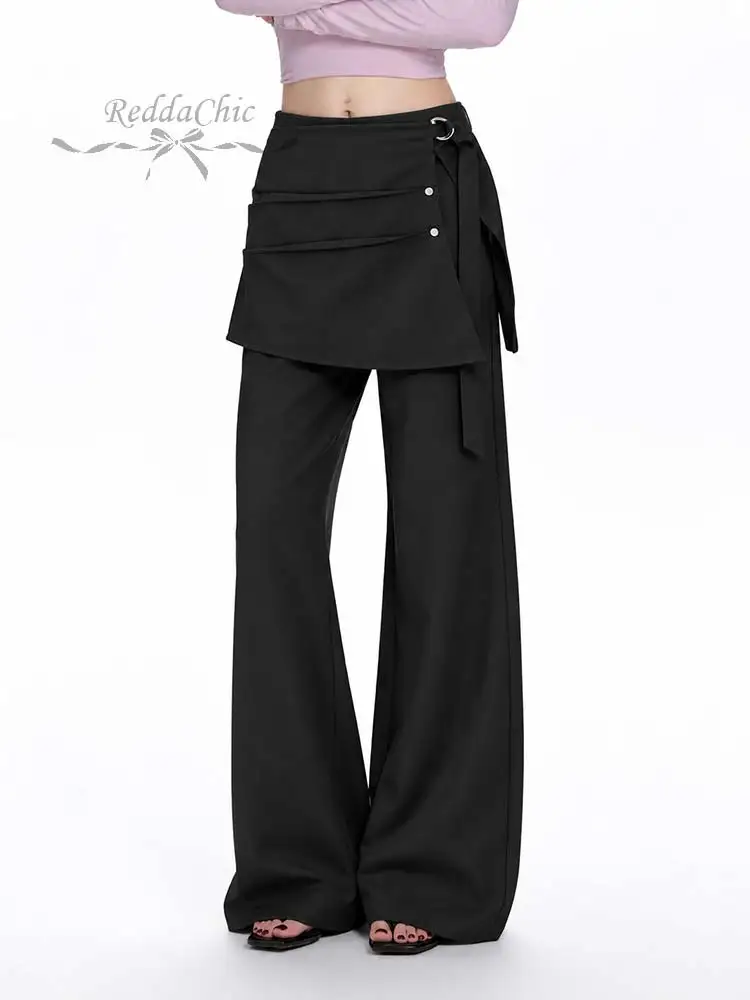 REDDACHiC Layered Skirt Detachable Women Suit Trousers Trendy Pleated Low Rise Wide Leg Dressy Pants Lounge Alternative Clothes