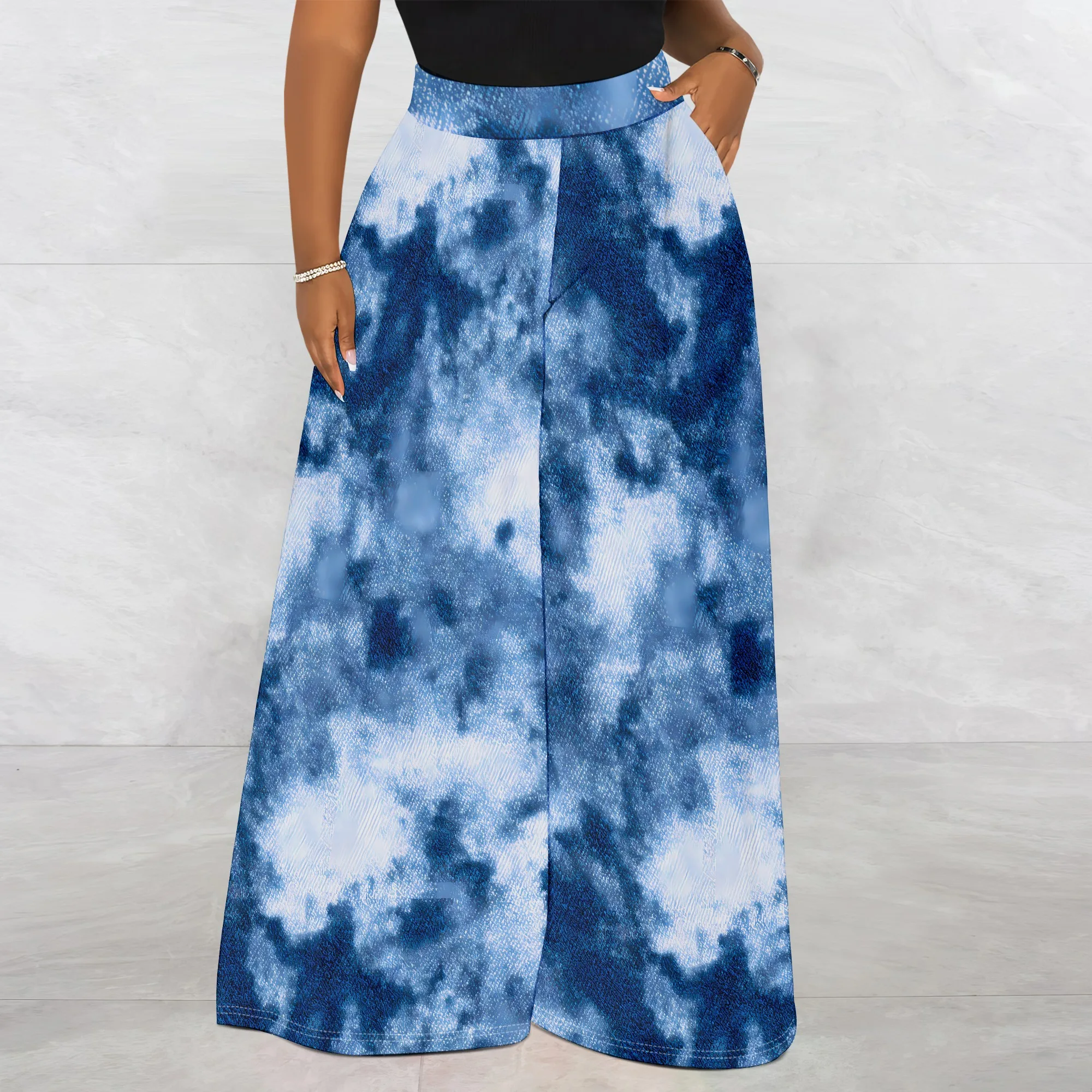 Tie Dye Print Wide Leg Pants, Cloud Pattern Trousers, High Waist Pocket Palazzo Pants for Women, S-2XL