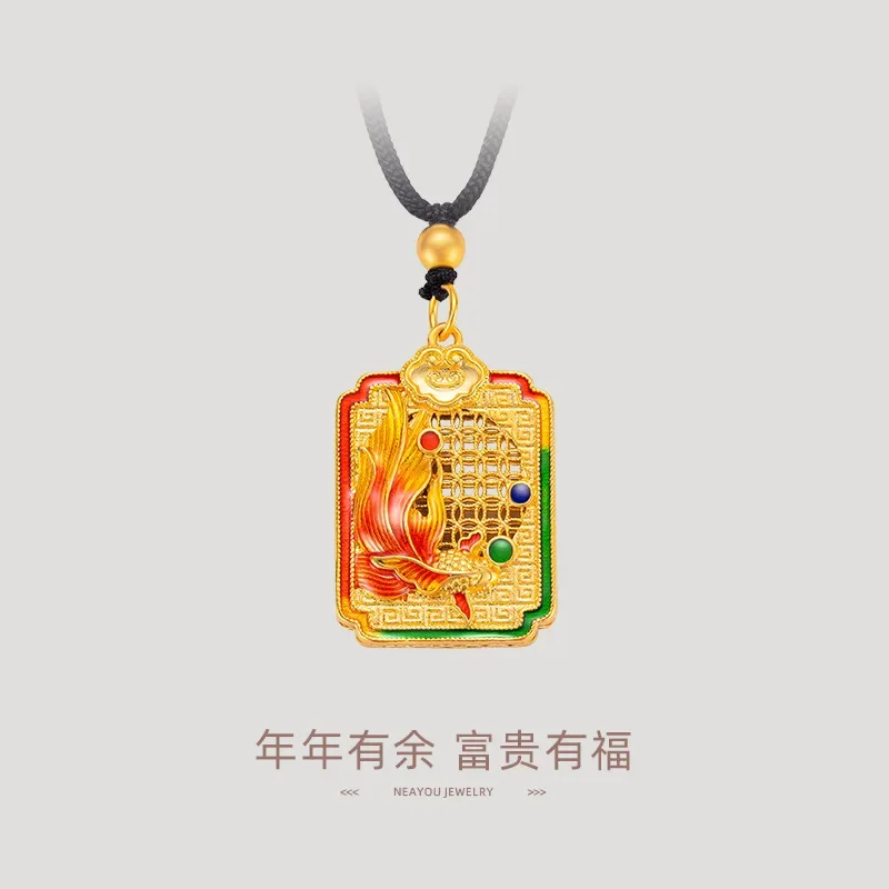 

9999 Real Gold 24K New Chinese-style annual goldfish pendant Ancient enamel lanyard sweater chain Retro goldfish square pendant