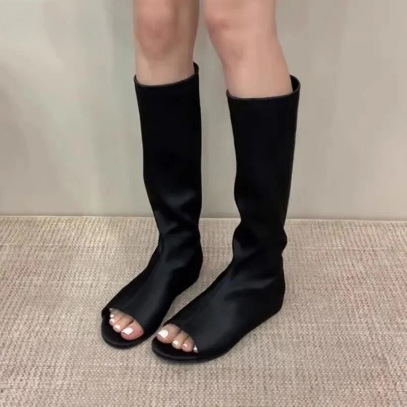 Peep Toe Stretch Women Knee High Boots Fashion Internal Elevation Wedges Heel Shoes Concise Daily Slim Long Botas De Mujer