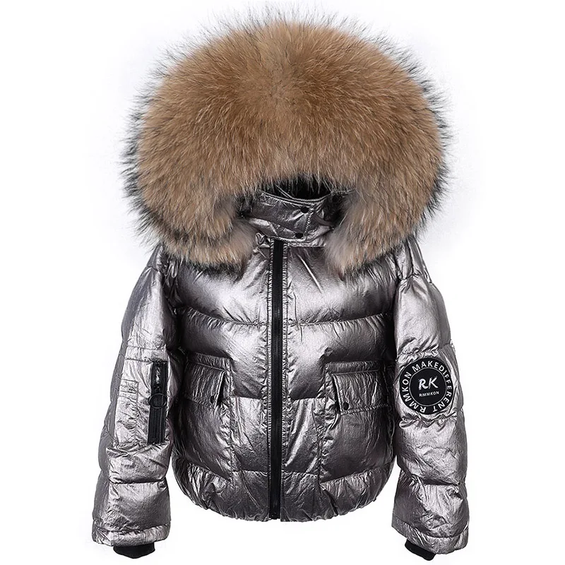 Maomaokong 2023 Winter New Women Black Short Down Jacket Real Fox Fur Collar Hooded Waterproof Thick Warm Silver Female Coat