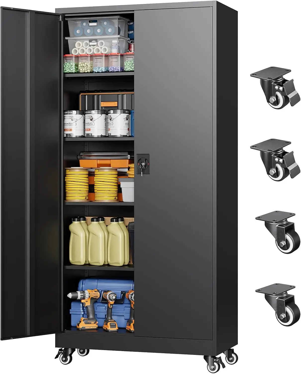 75 Inch Metal Garage Storage Cabinet with Wheels, Locking Doors and Adjustable Shelves, Rolling Steel Tool Cabinet, White