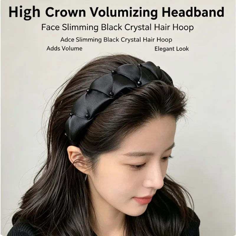 New Black Crystal High‑Crown Headband for Women Elegant Versatile Pressed Hair Hoop Face‑Slimming Temperament Hair Accessories